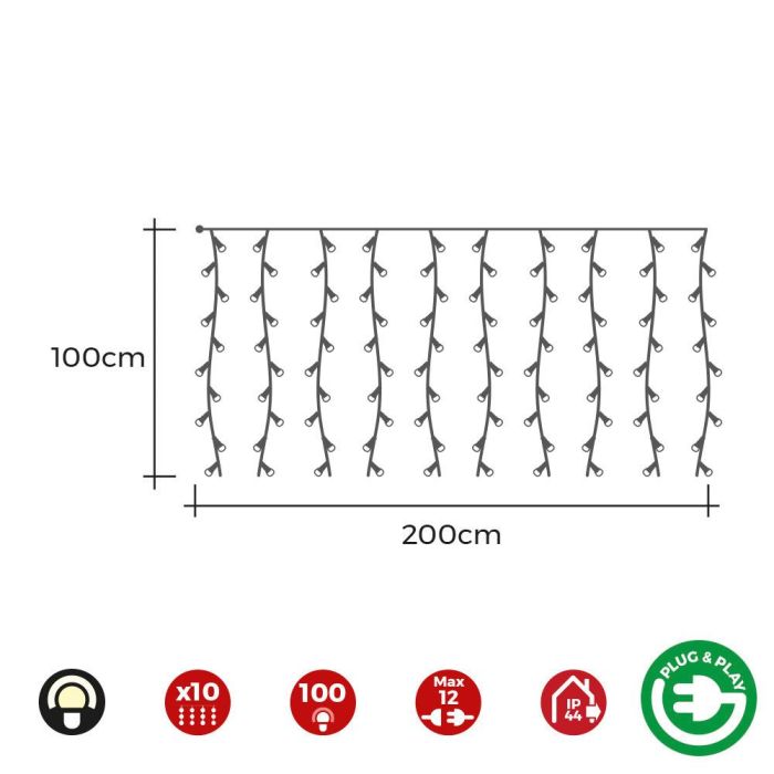 Edm Cortina Easy-Connect con Programador, 8 Funciones, 100 LEDs Blanco Cálido, 2x1m, IP44 Interior/Exterior 1 Edm Cortina Easy-Connect con Programador, 8 Funciones, 100 LEDs Blanco Cálido, 2x1m, IP44 Interior/Exterior 1