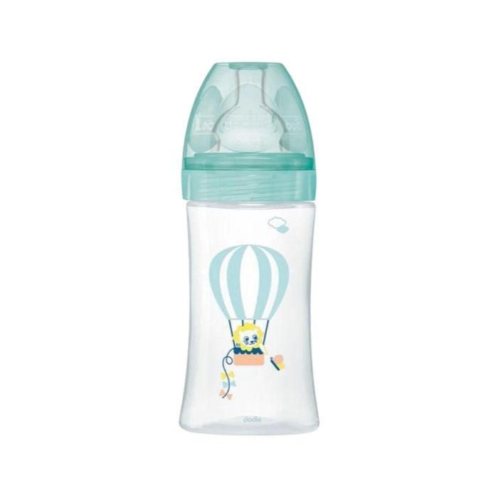 Dodie Sensation + Biberón 270ml con Tetina Plana Flujo Medio, Sistema Anticólicos y Decoraciones Air para Bebés Desde el Nacimiento