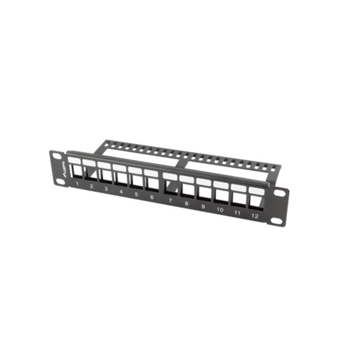 Lanberg Patch Panel 12 Puertos Vacío 1U 10" para Rack, Compatible con Módulos Keystone de Red, Audio y Video, Metal Negro RAL9004