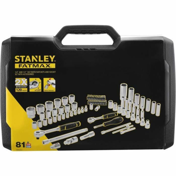 Stanley SET 81 PIEZAS de Vasos 1/4'' y 1/2'' FATMAX con Carraca de 120 Dientes, Extensiones y Puntas 40