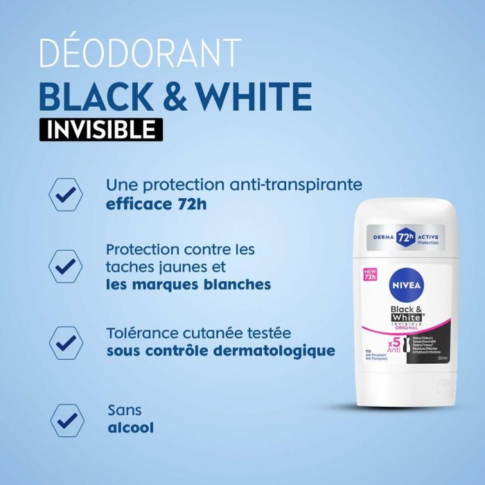Nivea Black & White Invisible desodorante stick 50 ml – 72h protección antitranspirante antimanchas ropa negra y blanca 2
