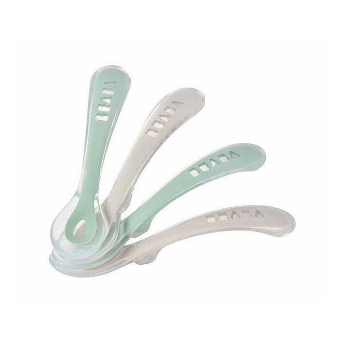 Beaba BEA3384349135553 Juego de 4 cucharas de silicona para segunda edad, gris terciopelo/verde salvia 2