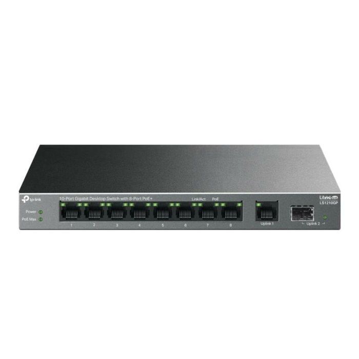 TP-Link LS1210GP Switch Gigabit 10 Puertos (8x PoE+ 61W, Puerto SFP, Extensión PoE 250m, Aislamiento, Silencioso)