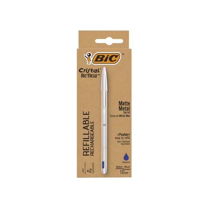 Boligrafo Bic Cristal Renew Cuerpo En Aluminio Mate Tinta Azul + 2 Recambios En Caja De Carton 5