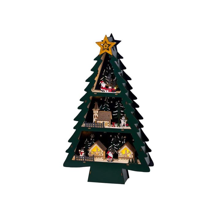 Lumineo Escena Navideña Árbol Madera Contrachapada con 10 LED Luz Cálida Fija, Temporizador 6/18h, Uso Interior 33x9x55 cm