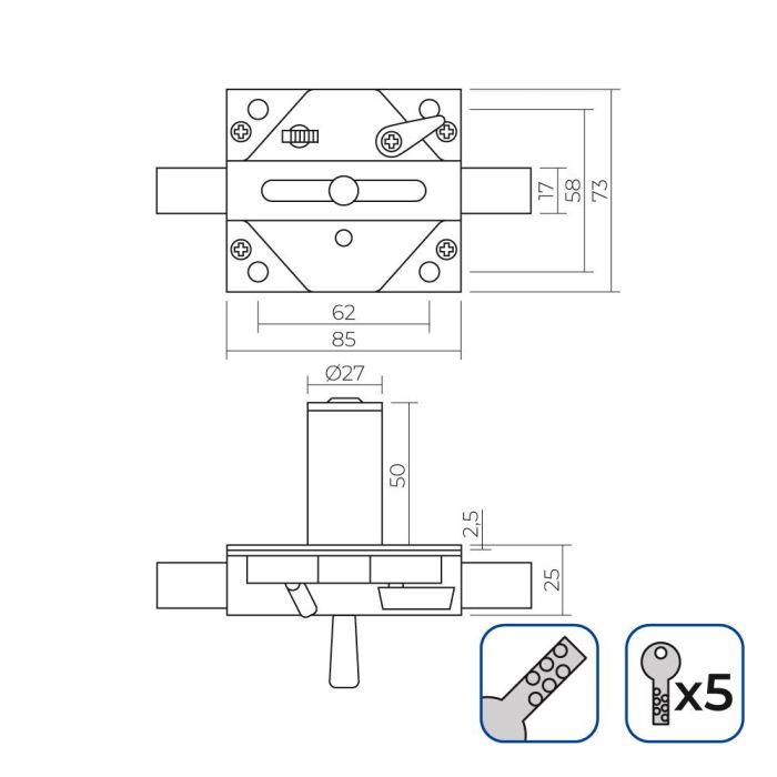 Edm Cerrojo con perno de acero, 5 llaves de seguridad, bronce, 73 x 136 mm 2 Edm Cerrojo con perno de acero, 5 llaves de seguridad, bronce, 73 x 136 mm 2