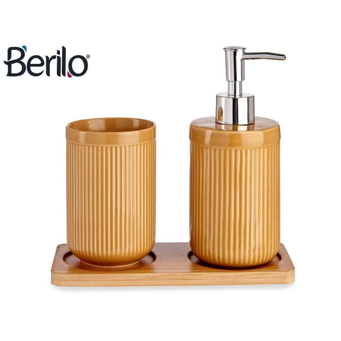 Set de Baño Cerámica 2 Piezas Camel con Bandeja de Bambú - Berilo 9x18.5x20 cm (6 Unidades) 1 Set de Baño Cerámica 2 Piezas Camel con Bandeja de Bambú - Berilo 9x18.5x20 cm (6 Unidades) 1