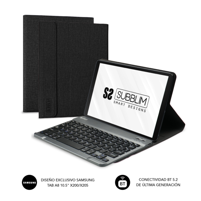 SUBBLIM SUBKT3-BTS055 Teclado Inalámbrico Bluetooth 5.2 QWERTY Español con Funda para Samsung GT A8 10.5" X200/205 Negro