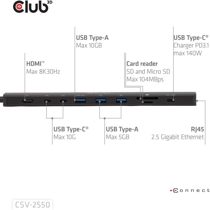 Club3D CSV-2550 Hub USB-C 10 en 1 con HDMI, 3xUSB-C, 3xUSB, LAN, 8K30Hz y Power Delivery 140W 5 Club3D CSV-2550 Hub USB-C 10 en 1 con HDMI, 3xUSB-C, 3xUSB, LAN, 8K30Hz y Power Delivery 140W 5