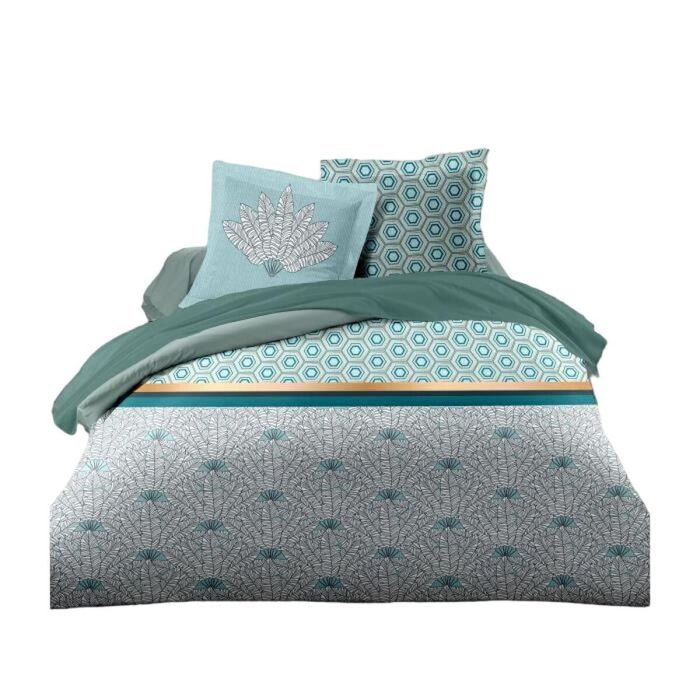 HOME LINGE PASSION Juego de edredón Luxor - 1 funda nórdica 240 x 260 cm + 2 fundas de almohada 65 x 65 cm - Verde esmeralda y blanco