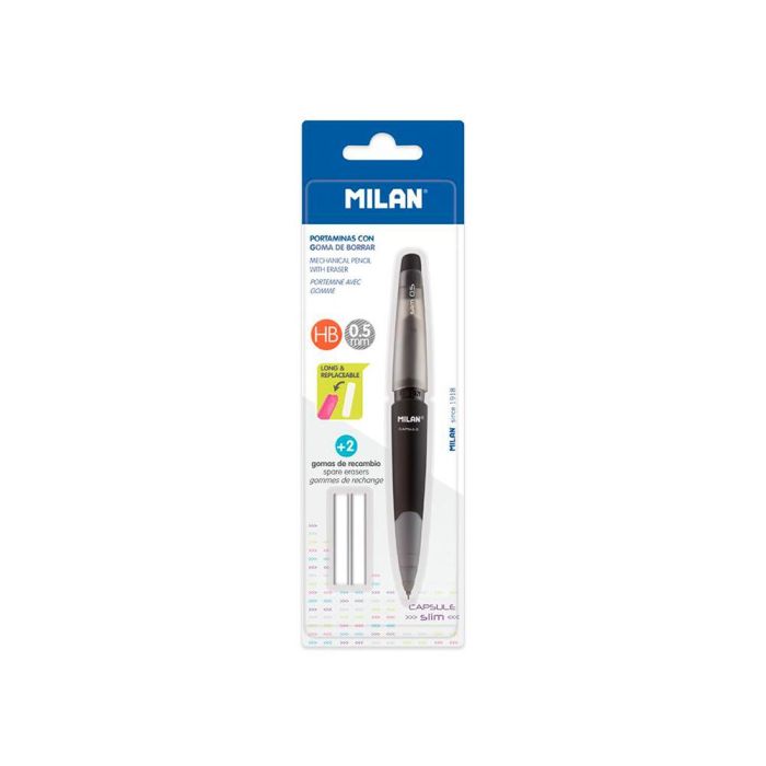 Portaminas Milan Capsule Slim 0,5 mm + 2 Recambios De Goma En Blister 1