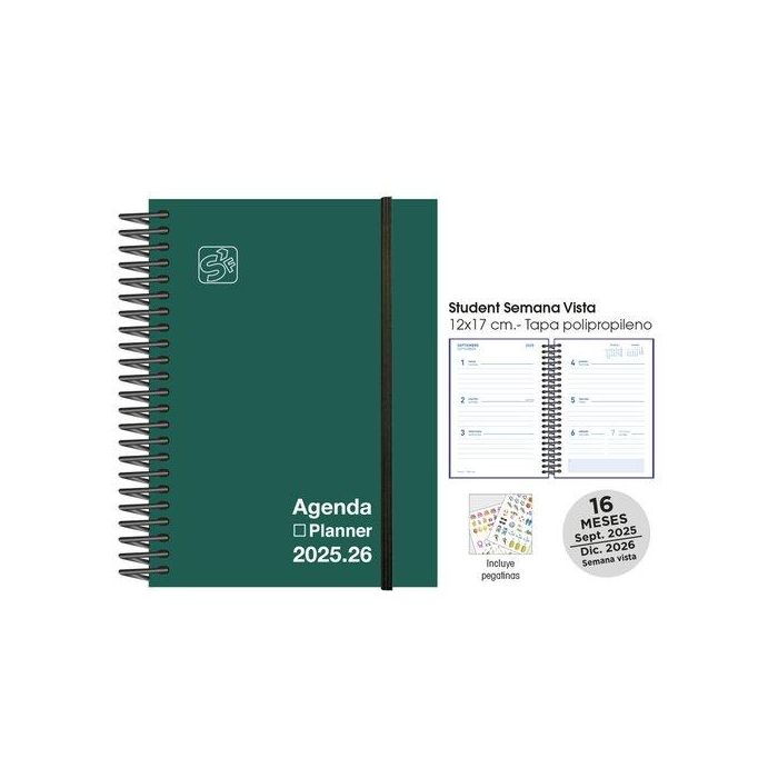 Agenda Anual (2025-26) Senfort 16 Meses Student Unicolor Espiral Tapa Pp Con Goma 120X170 S/V Verde
