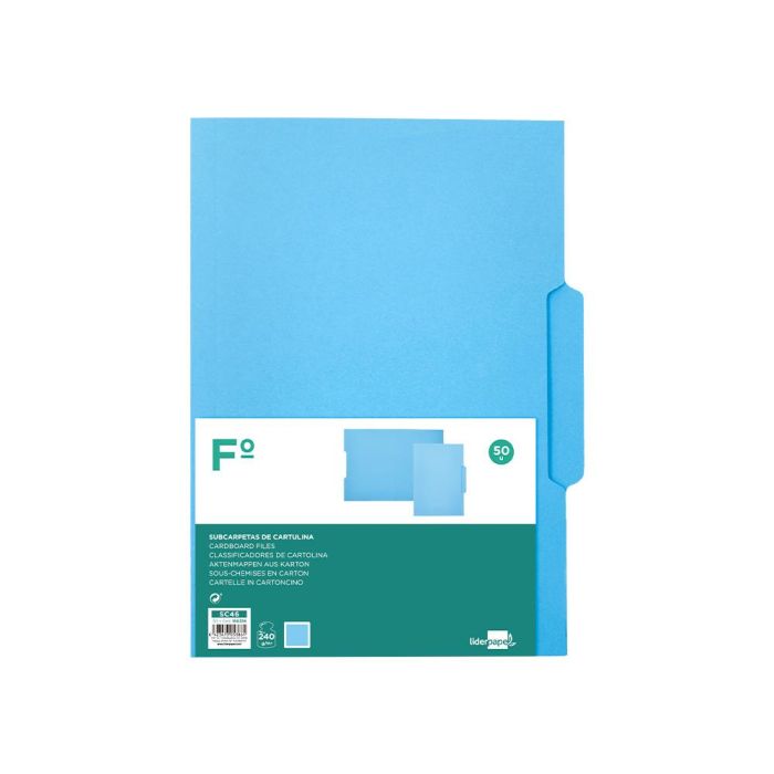 Subcarpeta Cartulina Liderpapel Folio Pestaña Central 240 gr-M2 Azul 50 unidades 1