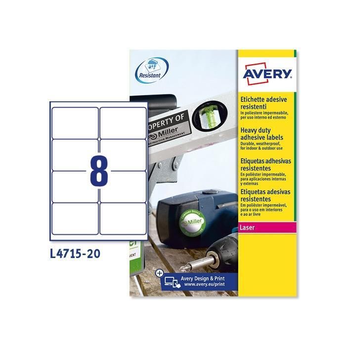 Avery Etiquetas Permanentes Extra Resistentes 99,1x67,7 mm Inkjet-Láser 8 X 20H Poliéster Blanco Avery Etiquetas Permanentes Extra Resistentes 99,1x67,7 mm Inkjet-Láser 8 X 20H Poliéster Blanco