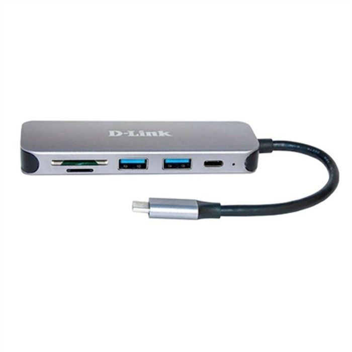 D-Link Hub USB Tipo C 6 en 1 con Lector de Tarjetas, USB 3.2 Gen 1, Gris - Compatible con Windows y Mac