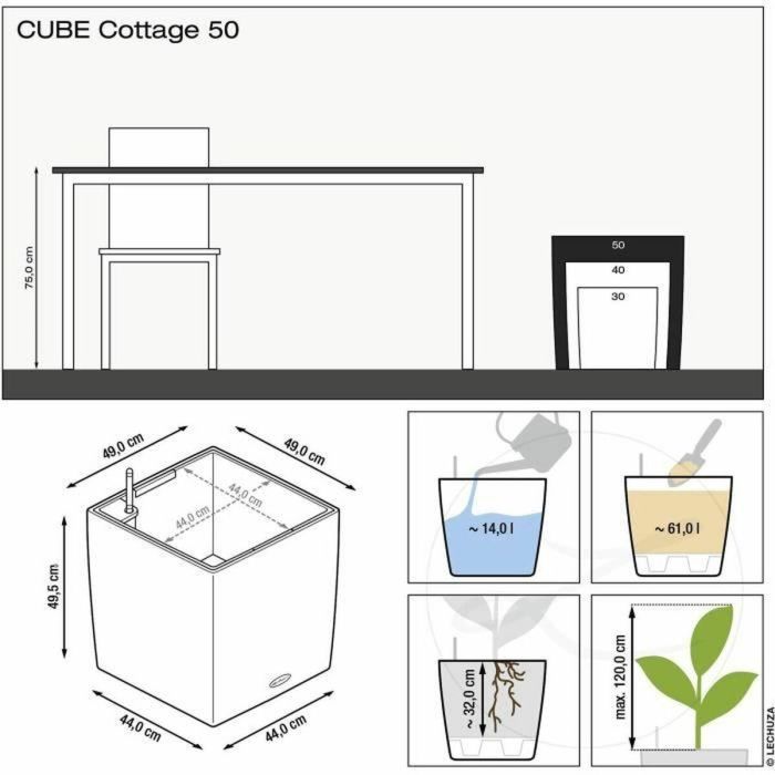 Maceta LECHUZA Cube Cottage 50 - kit completo, negro grafito 3