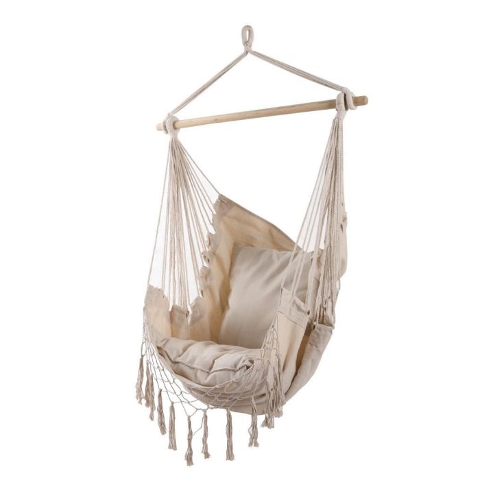 DKD Home Decor Silla Colgante Crudo para Terraza y Jardín, Algodón y Pino, 90x90x135 cm, con Cojín, soporta 100 kg