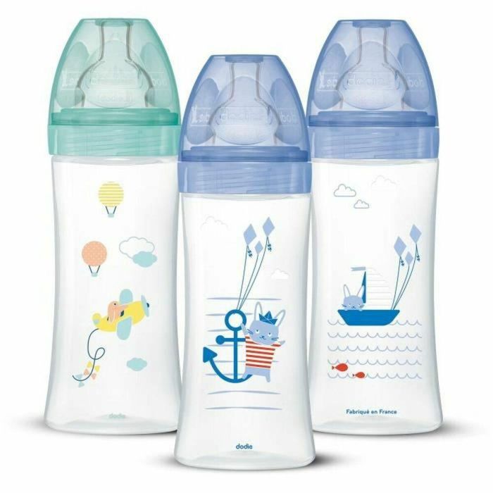 Dodie Biberón Sensation+ Anticólicos 330ml +6 Meses, Tetina Plana Flujo 3, Pack 3 Unidades, Azul/Verde Aire