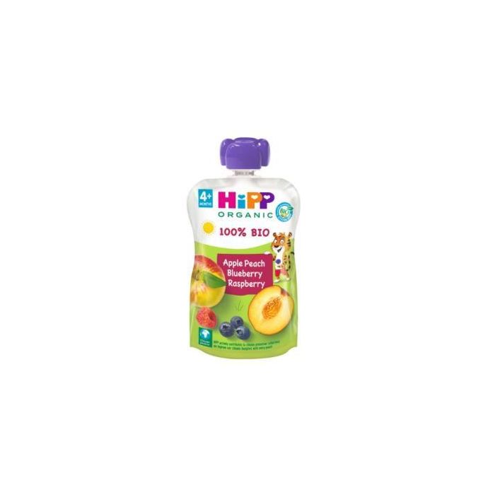 HIPP Pouch Melocotón Manzana y Frutos Bosque 100g para Bebés +4 Meses Sin Gluten y Sin Azúcar Añadido