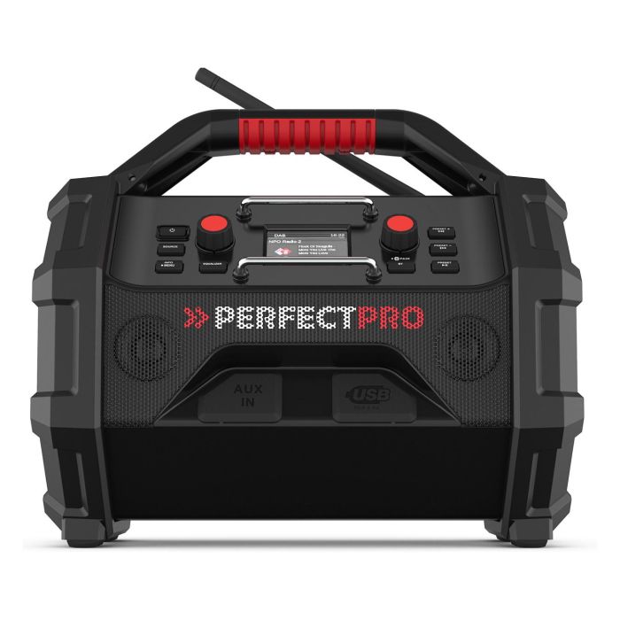 PerfectPro ROCKTAGON Radio de obra digital 30W DAB+ FM Bluetooth 5.2 IP65, 4 altavoces, compatible baterías 18V Bosch Makita DeWalt Milwaukee, USB, Negro/Rojo