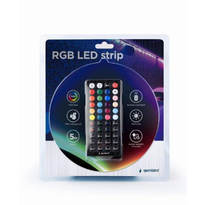GEMBIRD Tira LED RGB de 5 Metros, Controlador y Mando a Distancia, Resistente al Agua IP65, Iluminación Ambiental