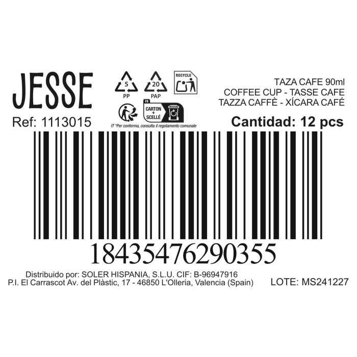 Taza de Café Jesse 90 ml - Surtido 3 Colores - Inde (96 Unidades) 1 Taza de Café Jesse 90 ml - Surtido 3 Colores - Inde (96 Unidades) 1
