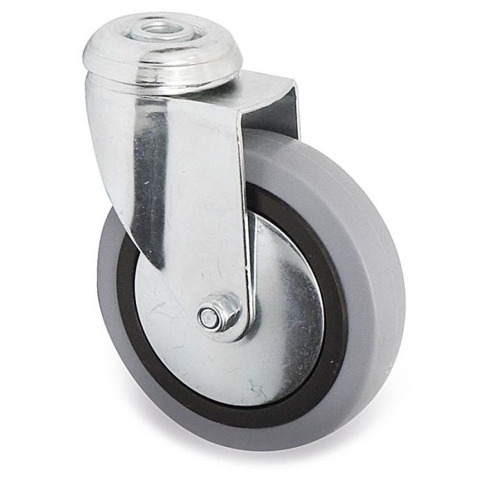 Q&Q Rueda Giratoria Aro Goma Gris Ø100mm Pasante 10mm Zincada Antihilo Soporte Acero Doble Bola Carga 70kg Sin Freno