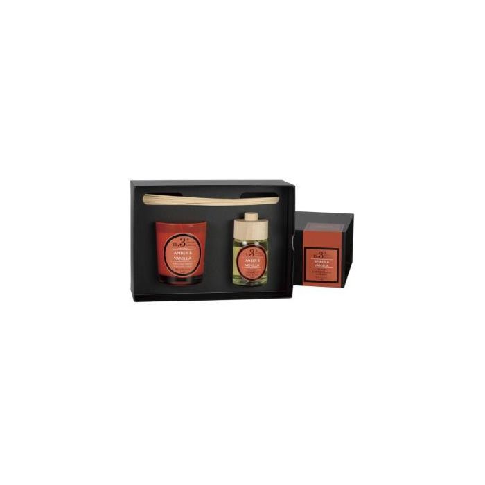 CERABELLA Setperf3 Set de Vela y Mikado Perfumado Ámbar-Vainilla – Cofre Regalo Difusor Varillas y Vela Aromática
