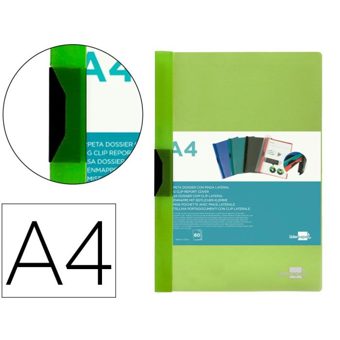 Carpeta Liderpapel Dossier Pinza Lateral Polipropileno Din A4 Verde Translucido 60 Hojas Pinza Deslizante