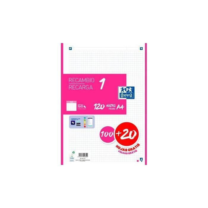 Oxford Recambio Classic 120 Hojas A4 Sueltas 90 gr, 5x5 mm, 4 Taladros, Banda Fucsia, Compatible con SCRIBZEE