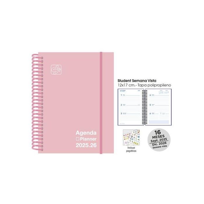 Agenda Anual (2025-26) Senfort 16 Meses Student Unicolor Espiral Tapa Pp Con Goma 120X170 S/V Pastel Rosa