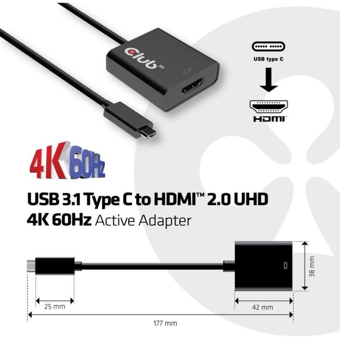 Club3D Adaptador USB 3.1 Tipo C a HDMI 2.0 Activo UHD HDR Macho/Hembra 2 Club3D Adaptador USB 3.1 Tipo C a HDMI 2.0 Activo UHD HDR Macho/Hembra 2