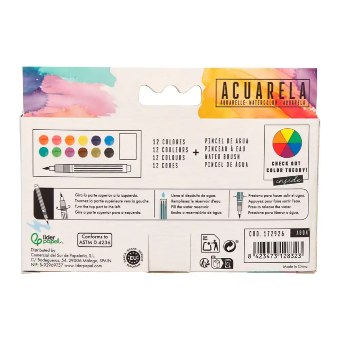 Liderpapel Acuarela 12 Colores con Pincel de Agua Rellenable Estuche de Plástico 2