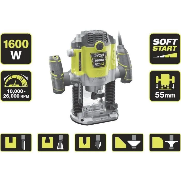 Ryobi RRT1600-K Router 1600W con 5 Cortadores, Pinzas 8/6mm, Arranque Suave, Incluye Estuche 1