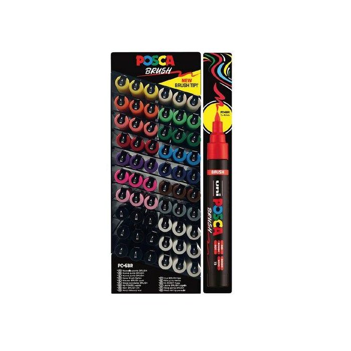 POSCA PC-5Br Marcador Brush Punta M Semiflexible, 16 Colores Surtidos, Expositor 60 Ud