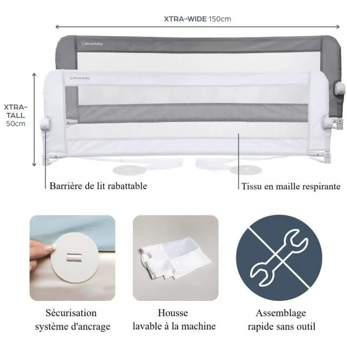 Dreambaby Barrera de Cama Nicole DRE9312742477509 - Barrera de Cama para Camas y Camas Planas, 150 cm Ancho x 50 cm Alto, Gris 1