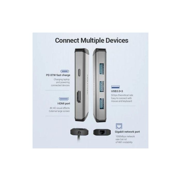 Vention CNCHB Docking USB Tipo-C 6 en 1 Hub con HDMI 4K, 3 USB 3.0, PD 87W, RJ45 Gigabit, Gris Aluminio 2