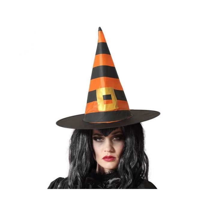 Sombrero De Bruja Con Rayas Naranja Y Negro Con Hebilla - Ideal Para Halloween Y Fiestas De Terror