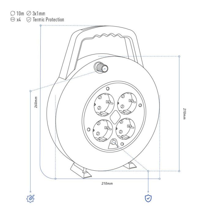 Edm Enrollacables 10 m 3x1 mm 4 tomas schuko t/tl con protector térmico 6