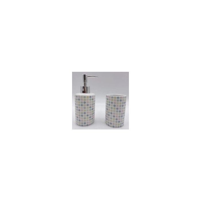 DKD Home Decor Dosificador Moderno Blanco Lila Set de 2, 290ml, de Dolomite y ABS, Colección Dots, 7x17.5x7 cm