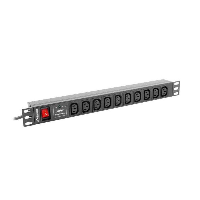 Lanberg Regleta PDU 1U Rack 19" 10A, 10 Salidas IEC C13, Protección Sobretensiones, 2500W, Negro