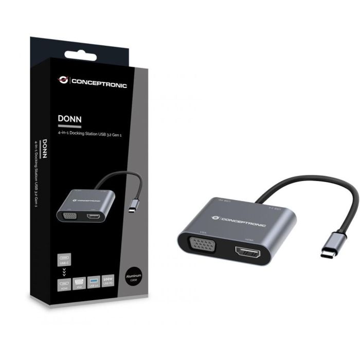 Conceptronic DONN16GR Hub Usb Tipo C 4 en 1 a HDMI, VGA, USB-C PD 100W, USB 3.0 4