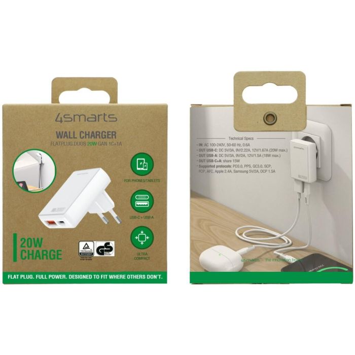 4smarts Netzladegert FlatPlug Duos 20W GaN 1C+1A, wei 2