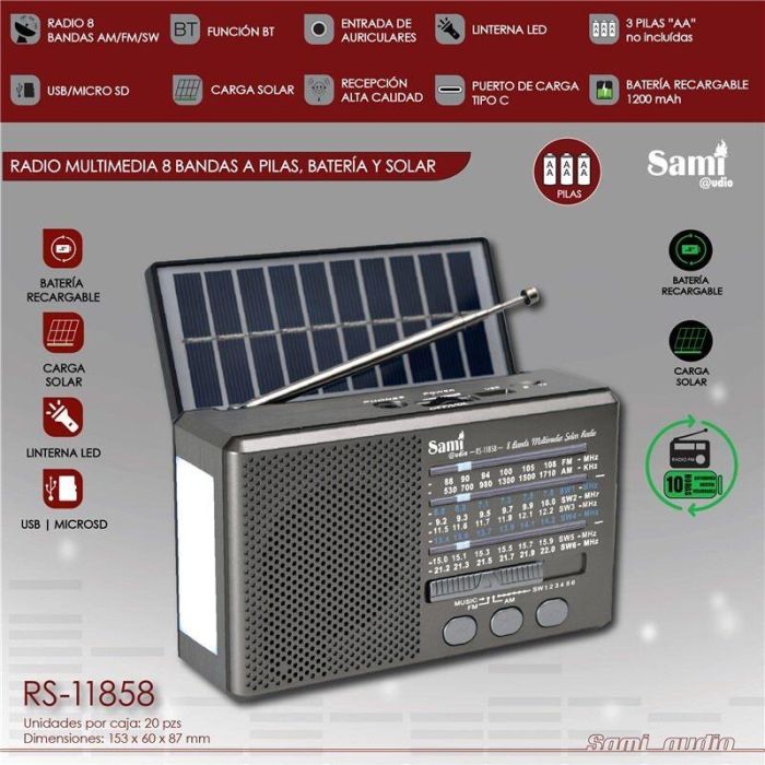 SAMI Radio Multimedia Portatil 8 Bandas con Bateria, Cargador Solar y Pila