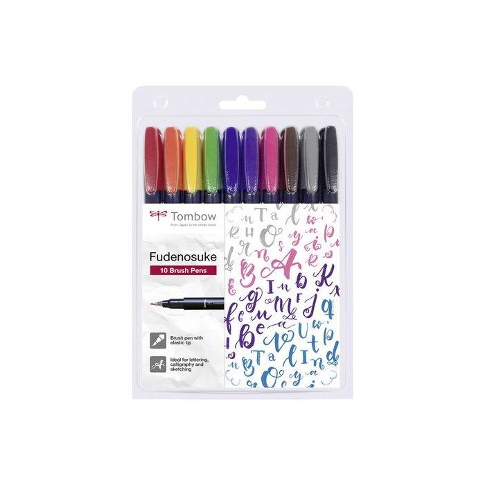 Rotulador Tombow Caligrafia Fudenosuke Punta Dura Estuche De 10 (Negro, Amarillo, Verde, Azul, Violeta, Rosa, Rojo, Naranja, Marron Y Gris)