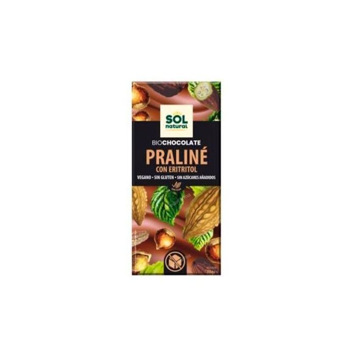 SOLNATURAL Chocolate Praliné con Eritritol y Avellanas Bio, Vegano, sin Gluten, sin Azúcares Añadidos, Tableta 70g
