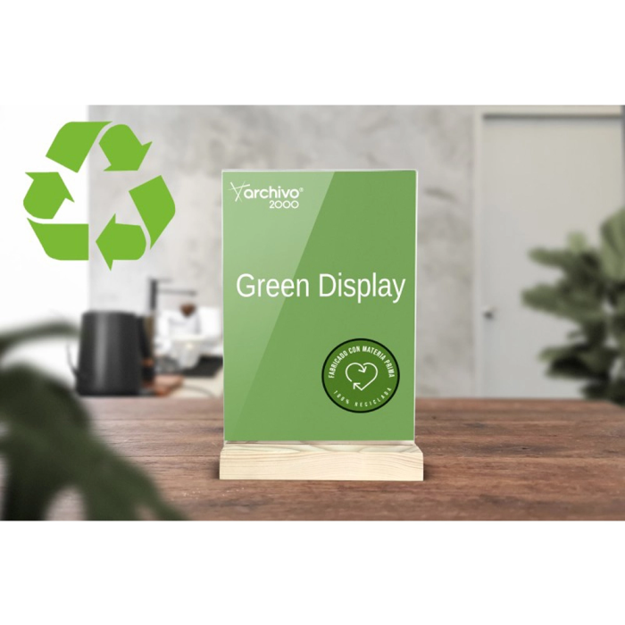 Archivo 2000 Expositor Sobremesa Doble Cara A5 Vertical Metacrilato Reciclado Base Madera Cristal Transparente 240x150x40 mm 2