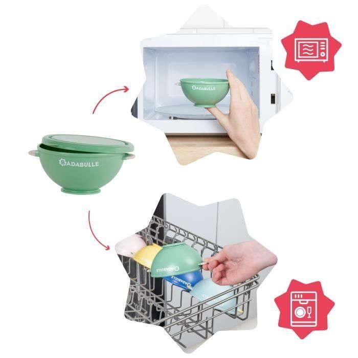 Badabulle Set 5 Cuencos 330ml Antideslizantes con Tapas y 3 Cucharas Blandas. Ideal para Bebés +4 Meses, Apto Microondas, Congelador, Sin BPA. 3