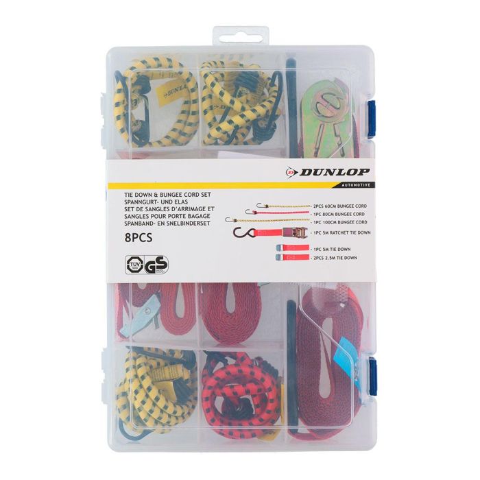Dunlop Set de Pulpos para Coches 8 Piezas: Correas 2.5m, 5m, Trinquete, Cables Elásticos 60cm, 80cm, 10cm 1