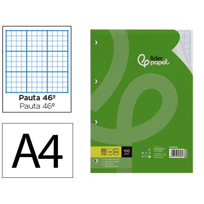 Recambio Liderpapel A4 100 Hojas 100 gr-M2 Rayado Nº 46 4 Taladros 24 unidades